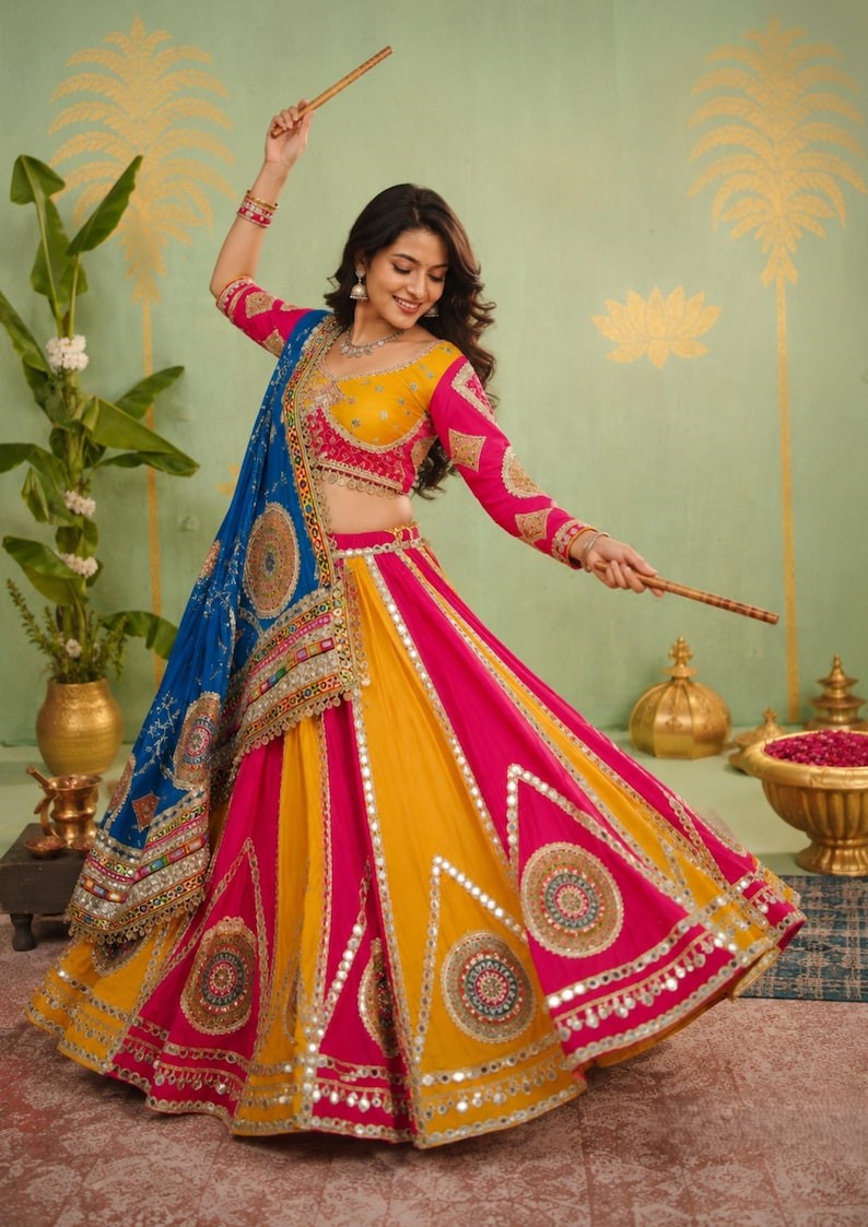 Rangsaaz Muslin Cotton Mirror Work Lehenga Choli with Multi Handwork Lace Dupatta