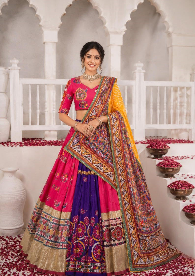Garvi Muslin Cotton Lehenga Choli Set with Mirror Work & Lace Border Dupatta