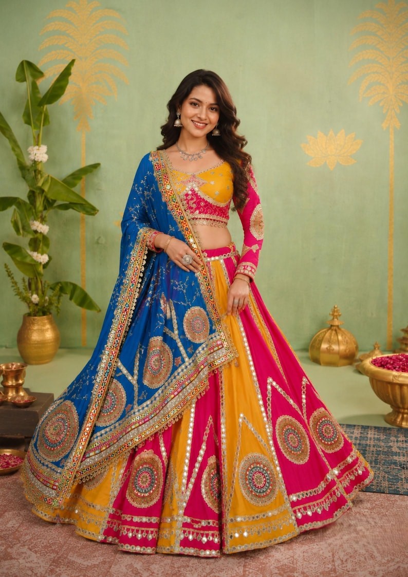 Rangsaaz Muslin Cotton Mirror Work Lehenga Choli with Multi Handwork Lace Dupatta