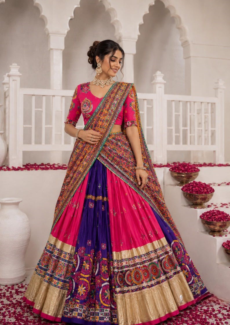 Garvi Muslin Cotton Lehenga Choli Set with Mirror Work & Lace Border Dupatta