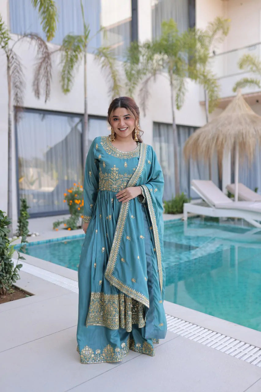 Royal Super Silk Rich Sequins Embroidered Kurti–Sharara Set with Dupatta