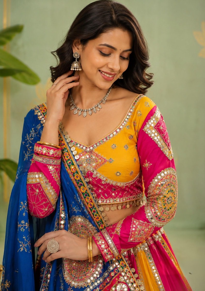 Rangsaaz Muslin Cotton Mirror Work Lehenga Choli with Multi Handwork Lace Dupatta