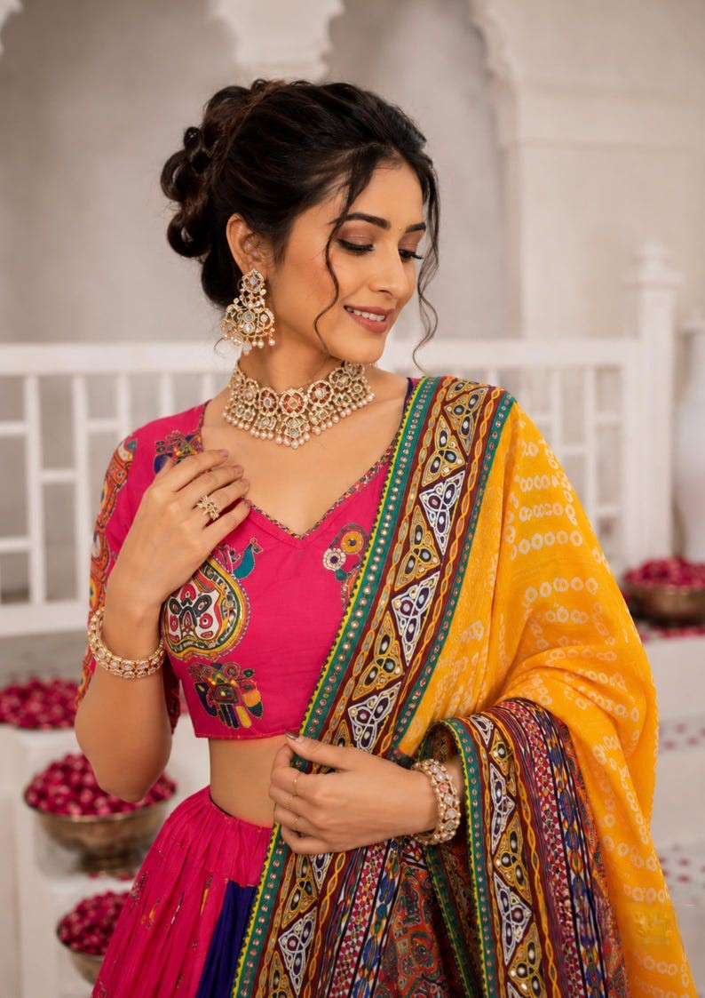 Garvi Muslin Cotton Lehenga Choli Set with Mirror Work & Lace Border Dupatta