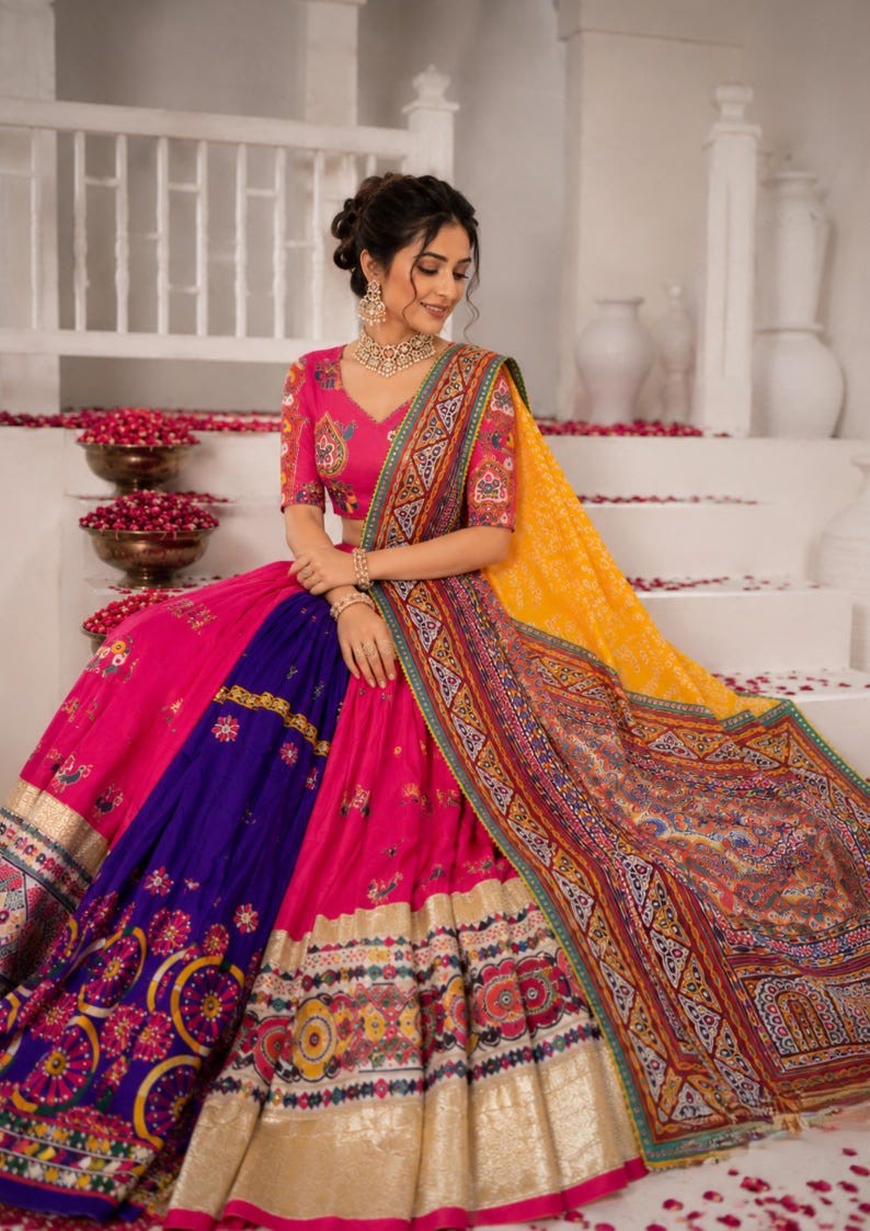 Garvi Muslin Cotton Lehenga Choli Set with Mirror Work & Lace Border Dupatta