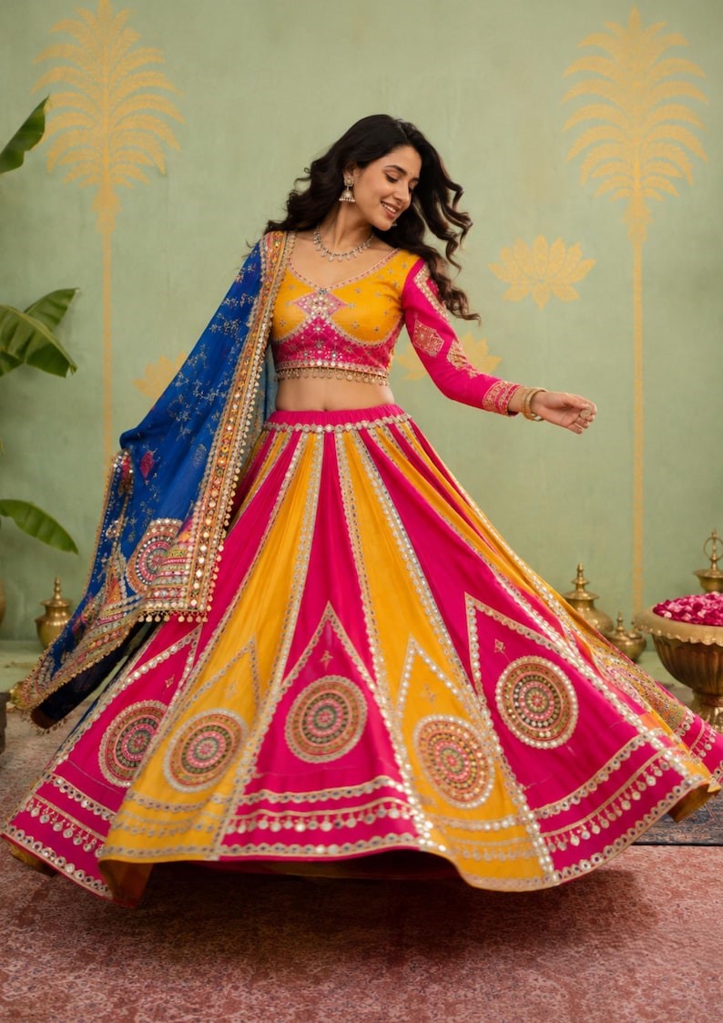 Rangsaaz Muslin Cotton Mirror Work Lehenga Choli with Multi Handwork Lace Dupatta