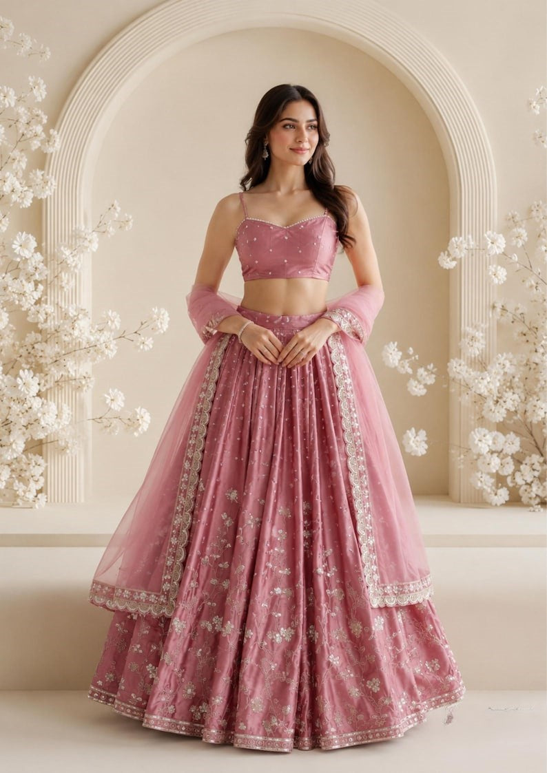 Era Japan Satin Cording Dori & Sequin Work Lehenga Choli with Butterfly Net Dupatta