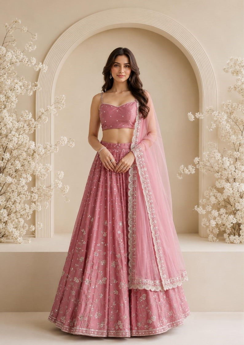 Era Japan Satin Cording Dori & Sequin Work Lehenga Choli with Butterfly Net Dupatta