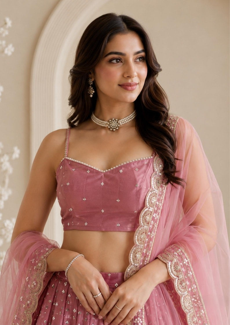 Era Japan Satin Cording Dori & Sequin Work Lehenga Choli with Butterfly Net Dupatta