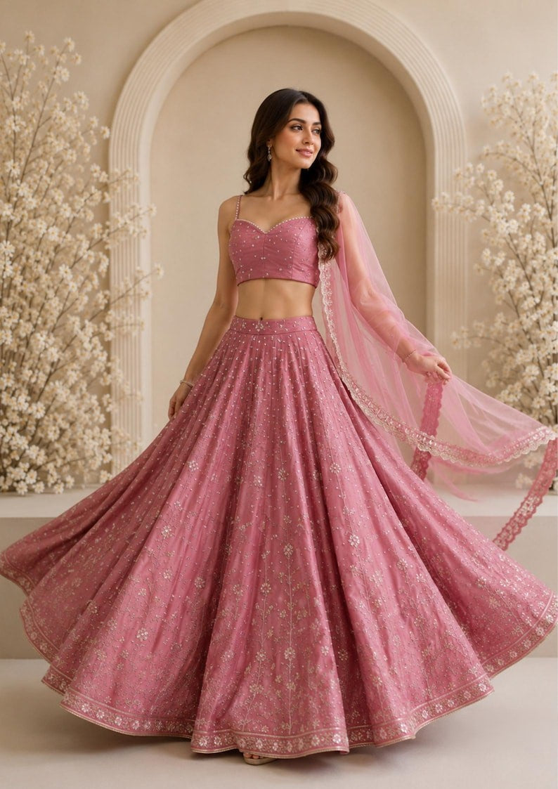 Era Japan Satin Cording Dori & Sequin Work Lehenga Choli with Butterfly Net Dupatta