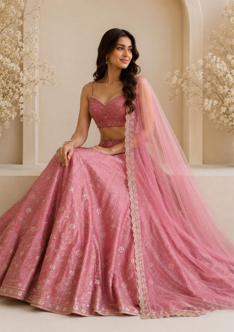 Era Japan Satin Cording Dori & Sequin Work Lehenga Choli with Butterfly Net Dupatta