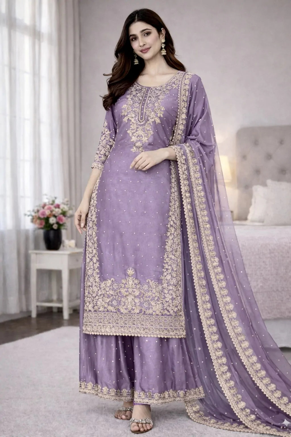 Luxury GMY Silk Coding Sequins & Moti Work Plazzo Suit Set