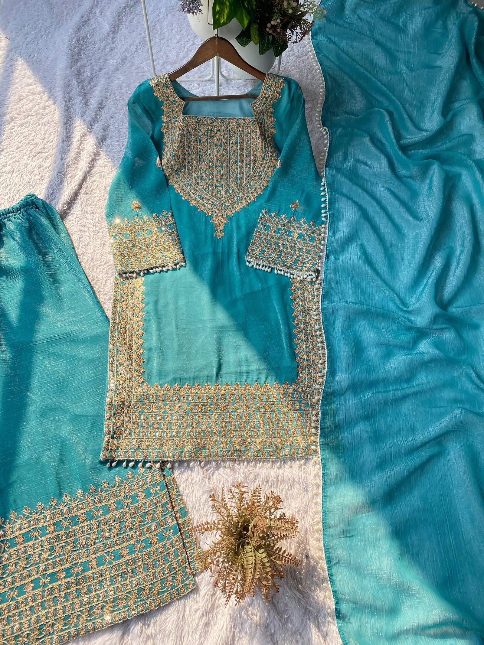 Designer Fendy Silk Palazzo Set with Elegant Lace Border