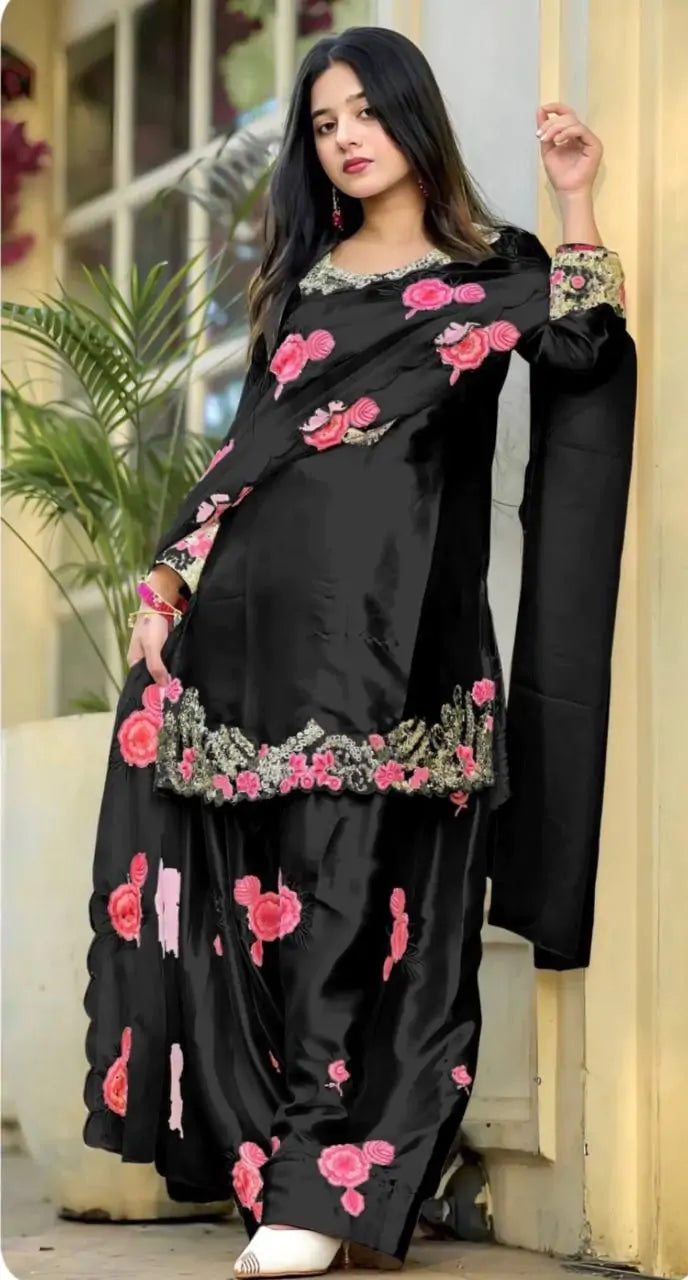 Designer Thread Embroidered Silk Farshi Salwar Suit Stitched