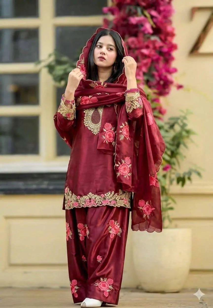 Designer Thread Embroidered Silk Farshi Salwar Suit Stitched