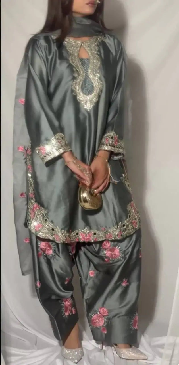 Designer Thread Embroidered Silk Farshi Salwar Suit Stitched