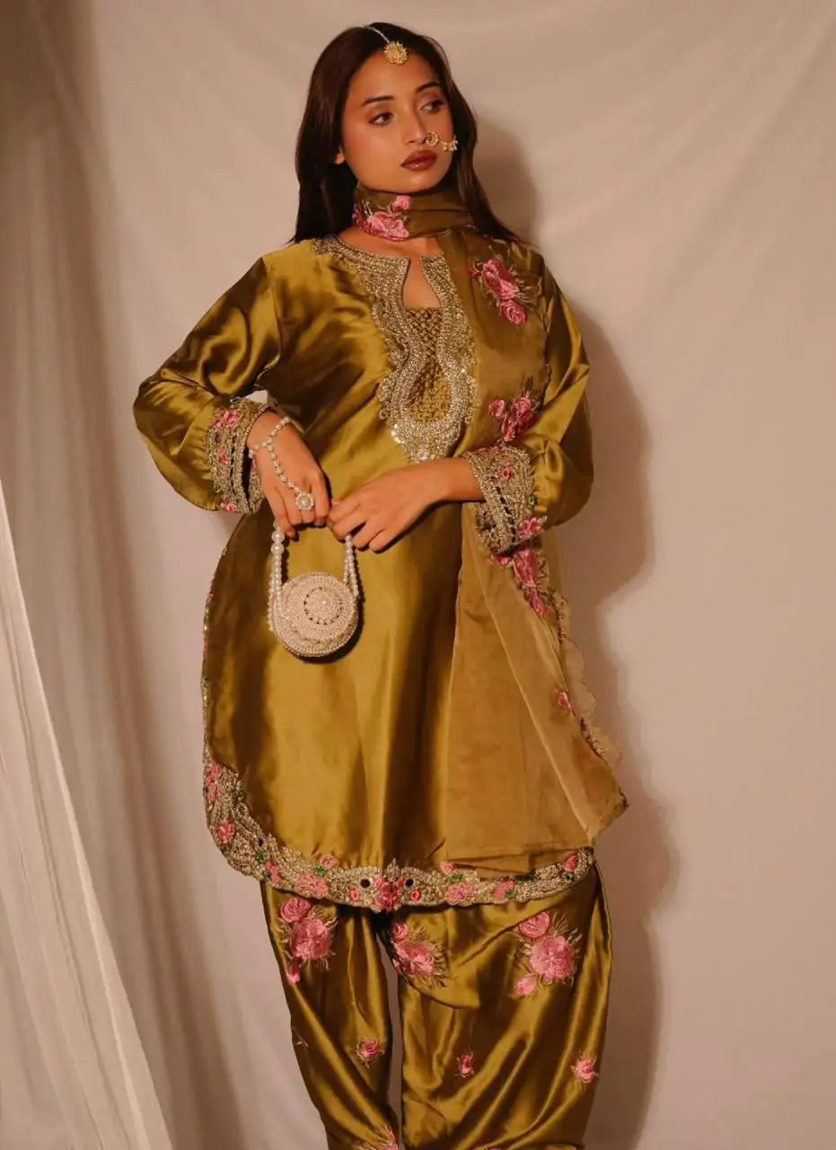 Designer Thread Embroidered Silk Farshi Salwar Suit Stitched