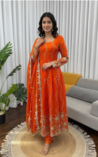 Noor Elara Designer Fendy Silk Thread & Sequins Embroidered Anarkali Suit Set with Pants