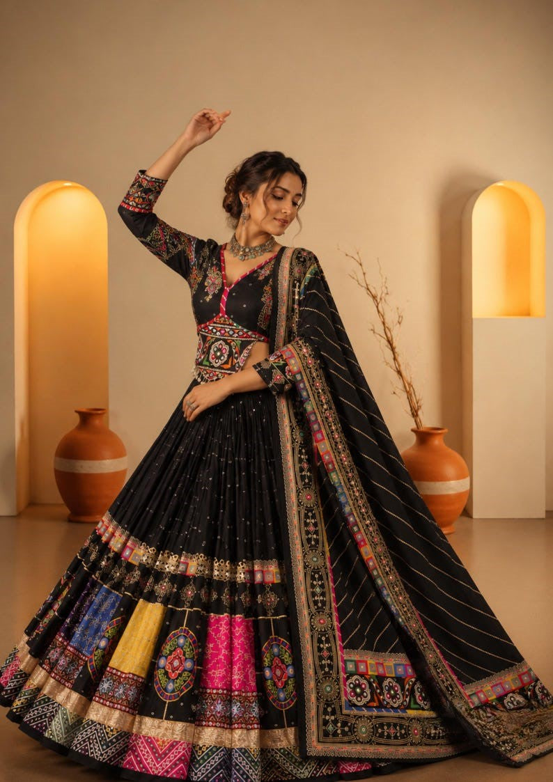 Kaali Raas Mirror Work & Kodi Lace Chaniya Choli in Muslin Cotton