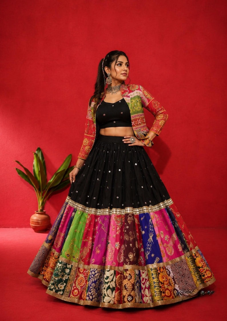 Raasrani Muslin Cotton Digital Print & Mirror Work Lehenga Choli with Koti Jacket