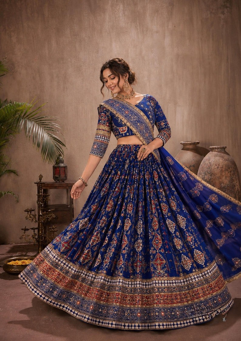 Iraaya Digital Print & Mirror Work Muslin Cotton Lehenga Choli Set for Navratri