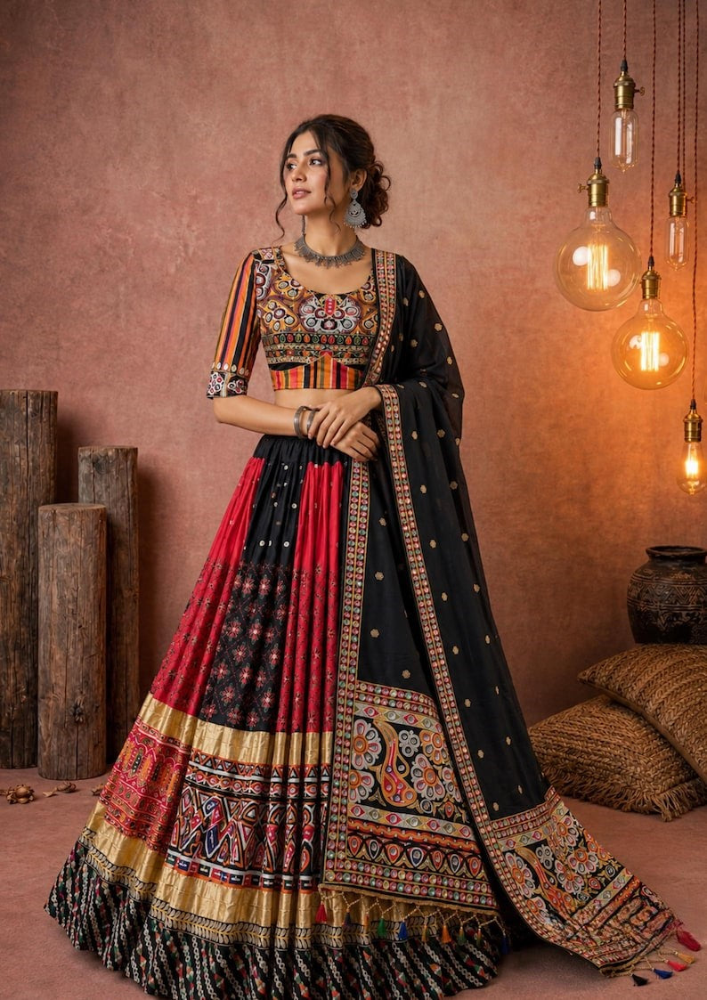 Rangdhara Malai Silk Mirror Work Lehenga Choli with Digital Print, Gota Zari Lace & Handwork Dupatta