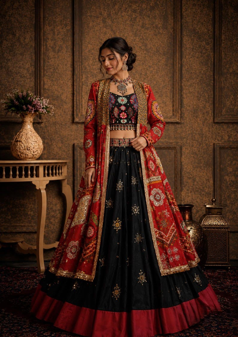Raatri Raas Gujrati Style Mirror Work Lehenga Choli with Shrug