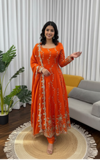 Noor Elara Designer Fendy Silk Thread & Sequins Embroidered Anarkali Suit Set with Pants