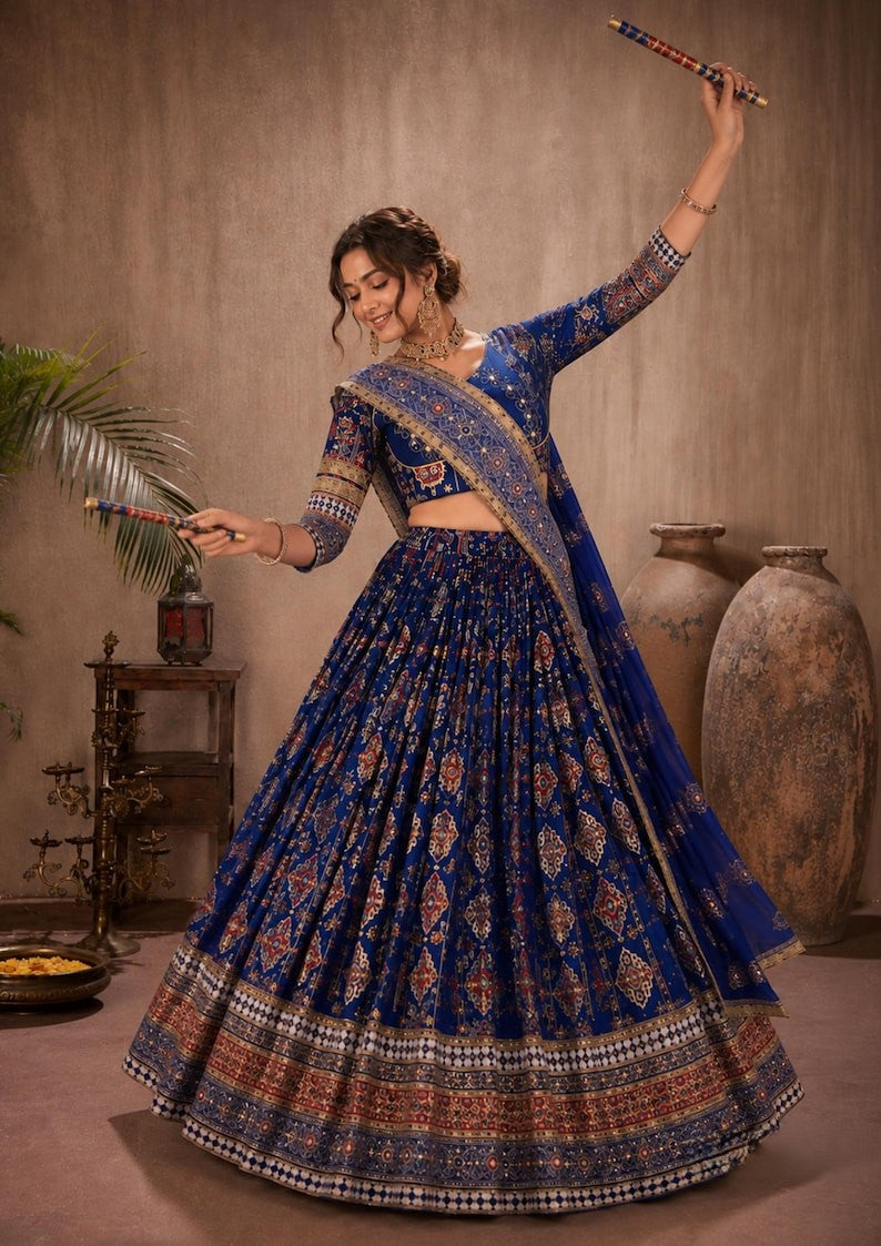 Iraaya Digital Print & Mirror Work Muslin Cotton Lehenga Choli Set for Navratri
