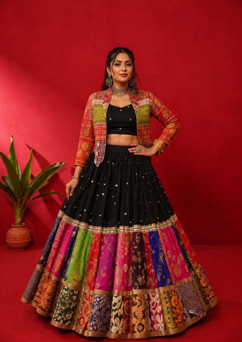 Raasrani Muslin Cotton Digital Print & Mirror Work Lehenga Choli with Koti Jacket