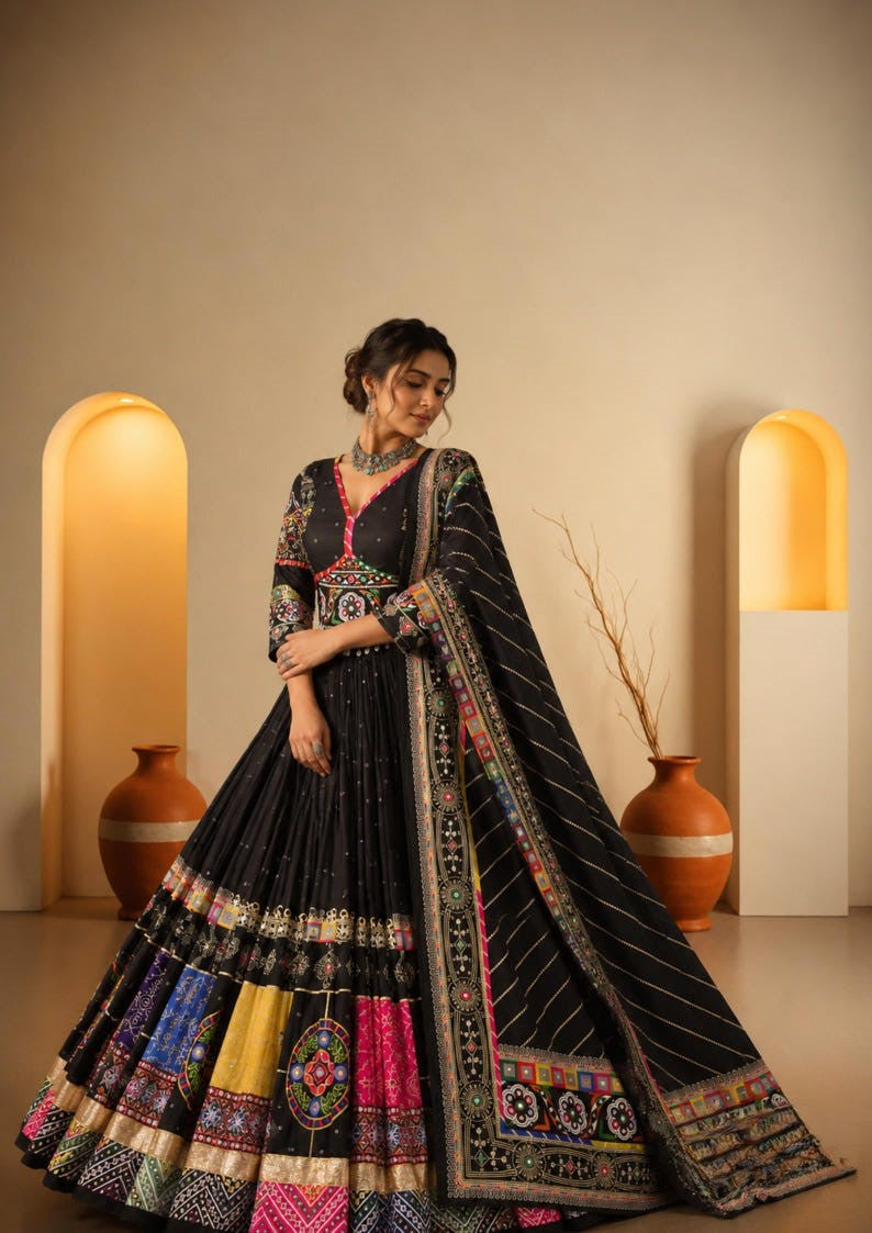 Kaali Raas Mirror Work & Kodi Lace Chaniya Choli in Muslin Cotton