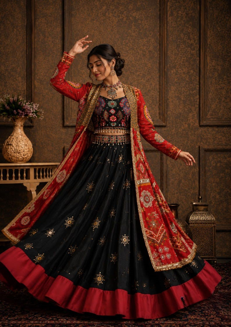 Raatri Raas Gujrati Style Mirror Work Lehenga Choli with Shrug