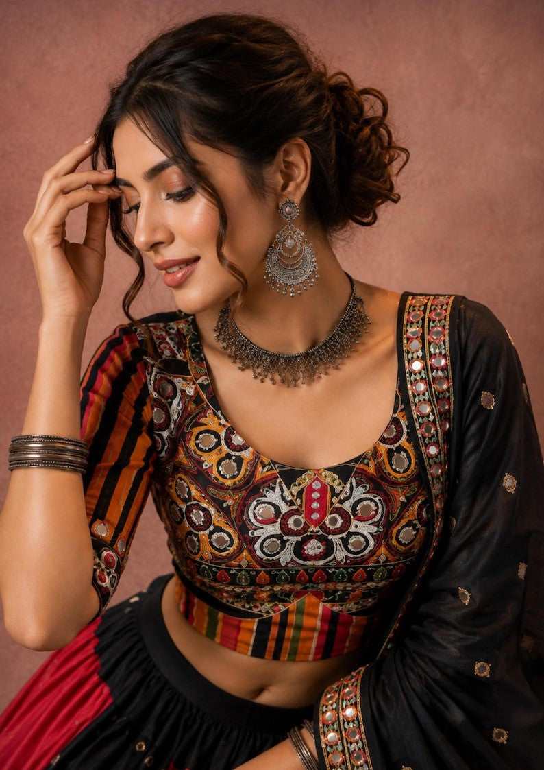 Rangdhara Malai Silk Mirror Work Lehenga Choli with Digital Print, Gota Zari Lace & Handwork Dupatta