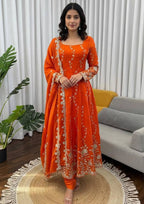 Noor Elara Designer Fendy Silk Thread & Sequins Embroidered Anarkali Suit Set with Pants