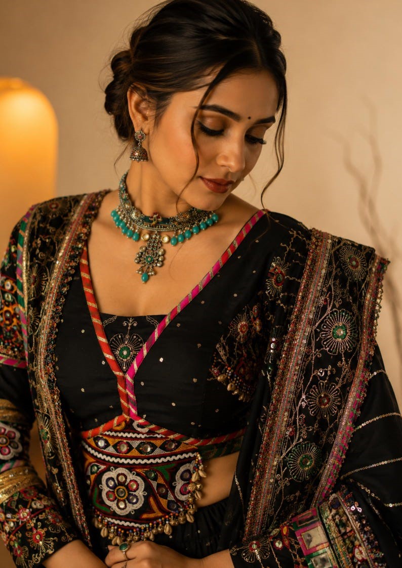 Kaali Raas Mirror Work & Kodi Lace Chaniya Choli in Muslin Cotton
