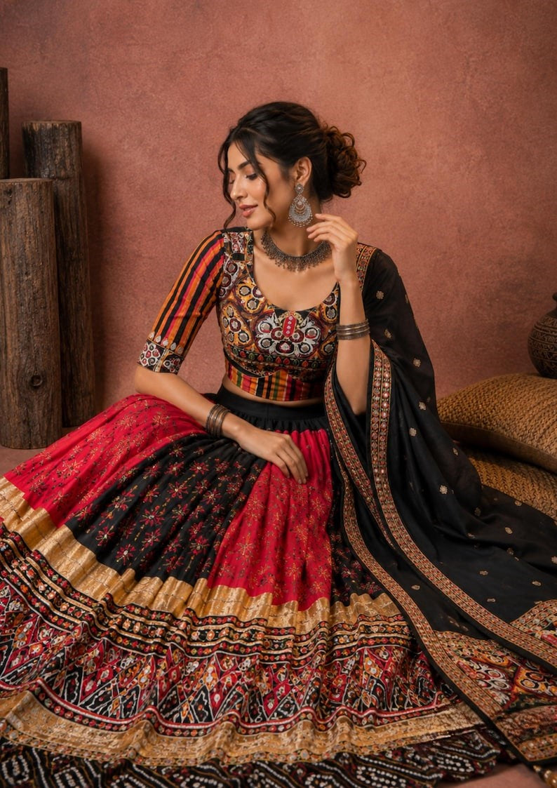 Rangdhara Malai Silk Mirror Work Lehenga Choli with Digital Print, Gota Zari Lace & Handwork Dupatta