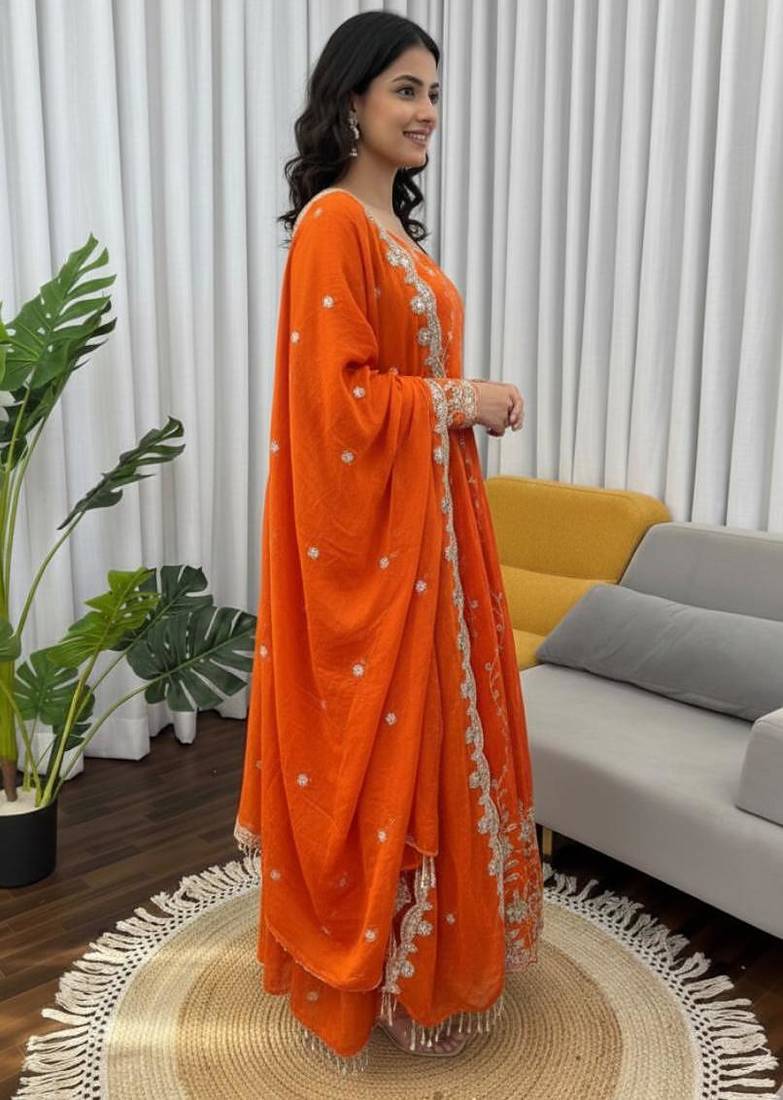 Noor Elara Designer Fendy Silk Thread & Sequins Embroidered Anarkali Suit Set with Pants