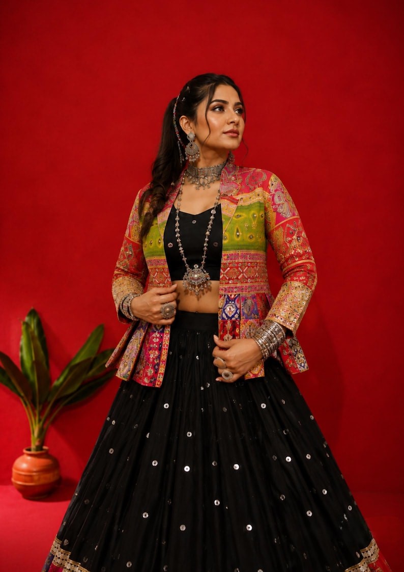 Raasrani Muslin Cotton Digital Print & Mirror Work Lehenga Choli with Koti Jacket
