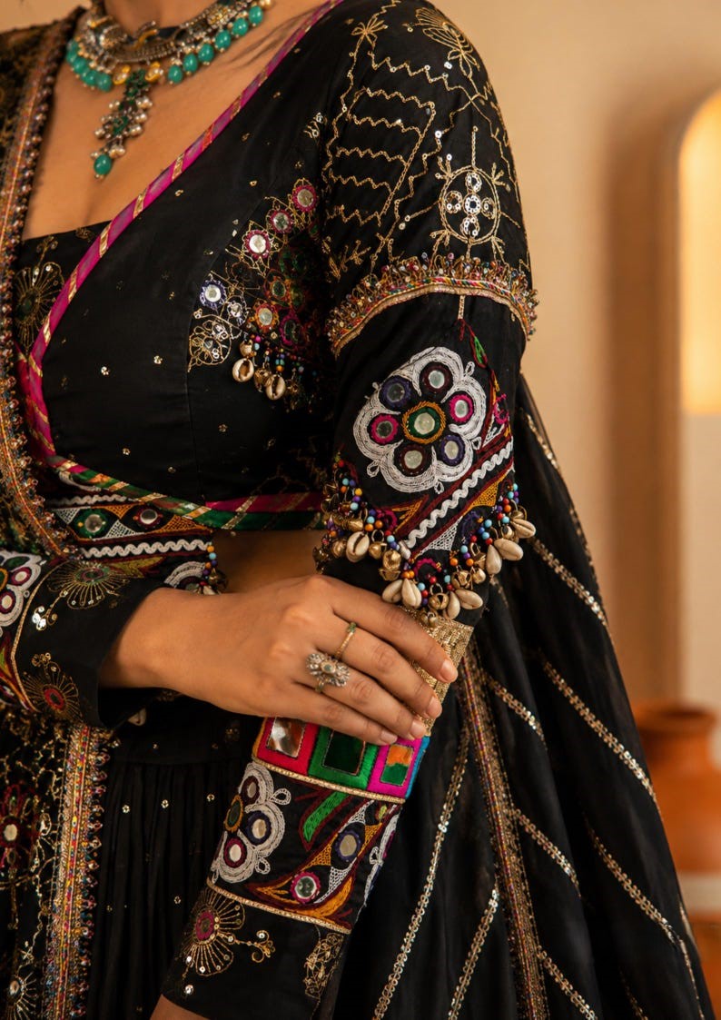 Kaali Raas Mirror Work & Kodi Lace Chaniya Choli in Muslin Cotton