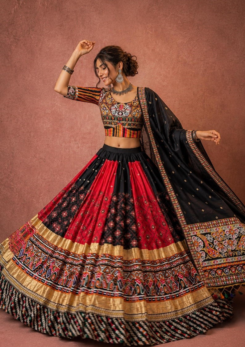 Rangdhara Malai Silk Mirror Work Lehenga Choli with Digital Print, Gota Zari Lace & Handwork Dupatta