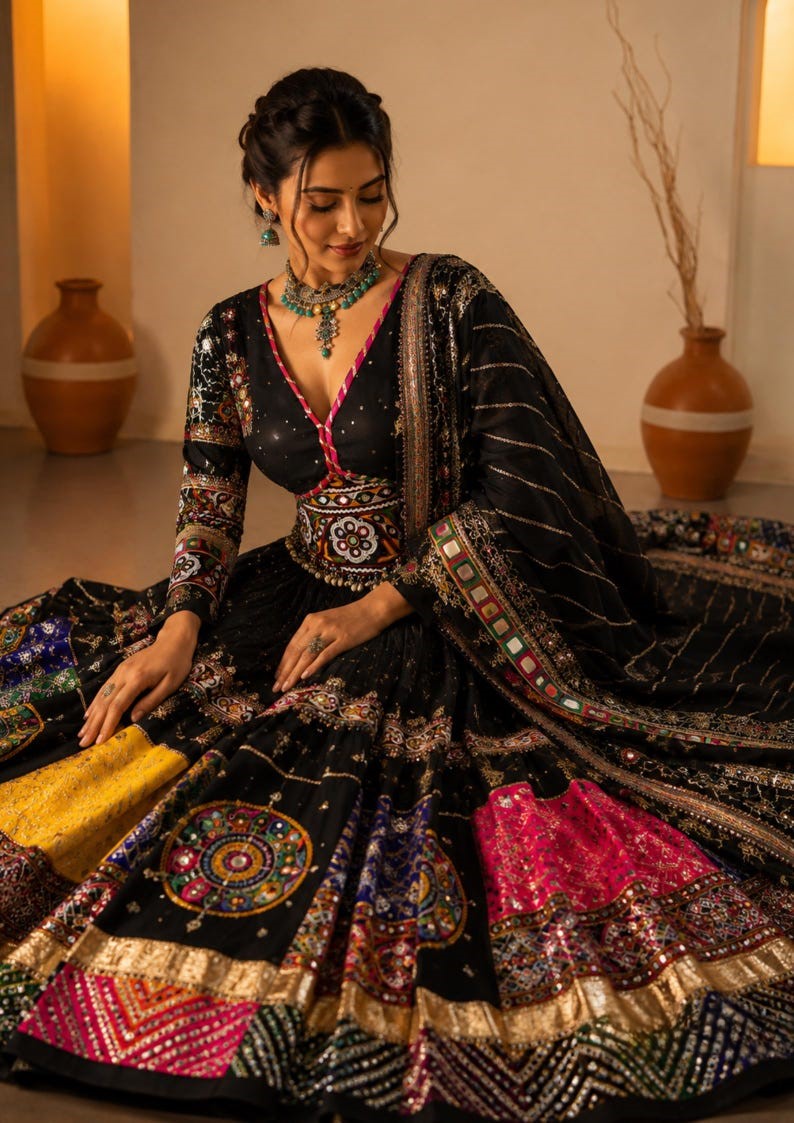 Kaali Raas Mirror Work & Kodi Lace Chaniya Choli in Muslin Cotton