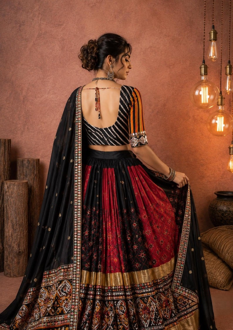Rangdhara Malai Silk Mirror Work Lehenga Choli with Digital Print, Gota Zari Lace & Handwork Dupatta