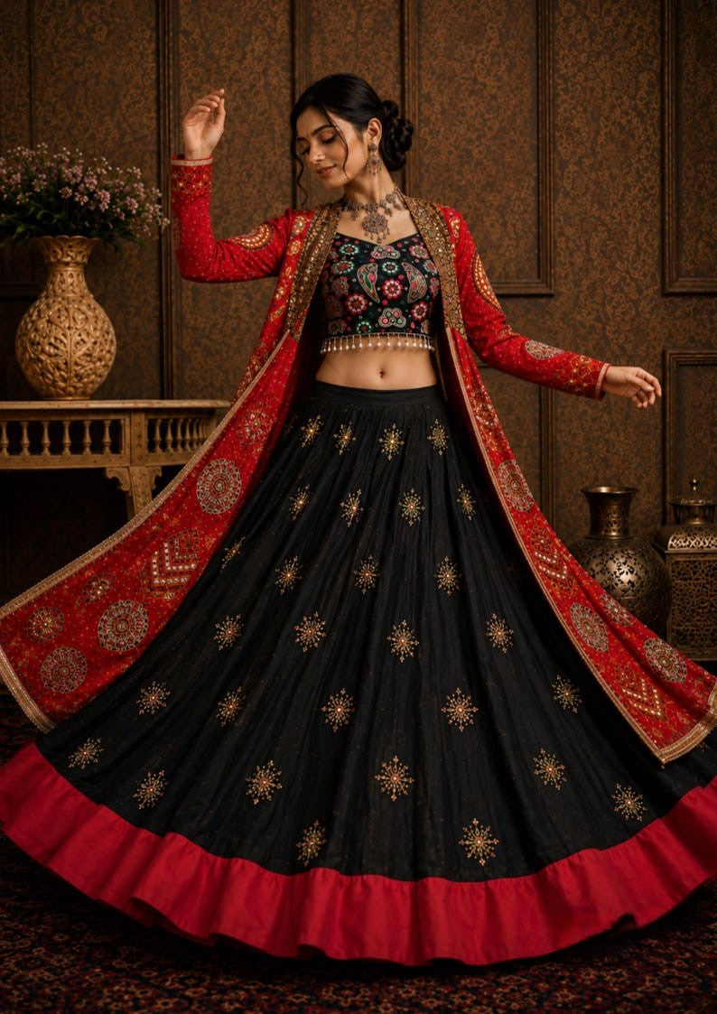 Raatri Raas Gujrati Style Mirror Work Lehenga Choli with Shrug
