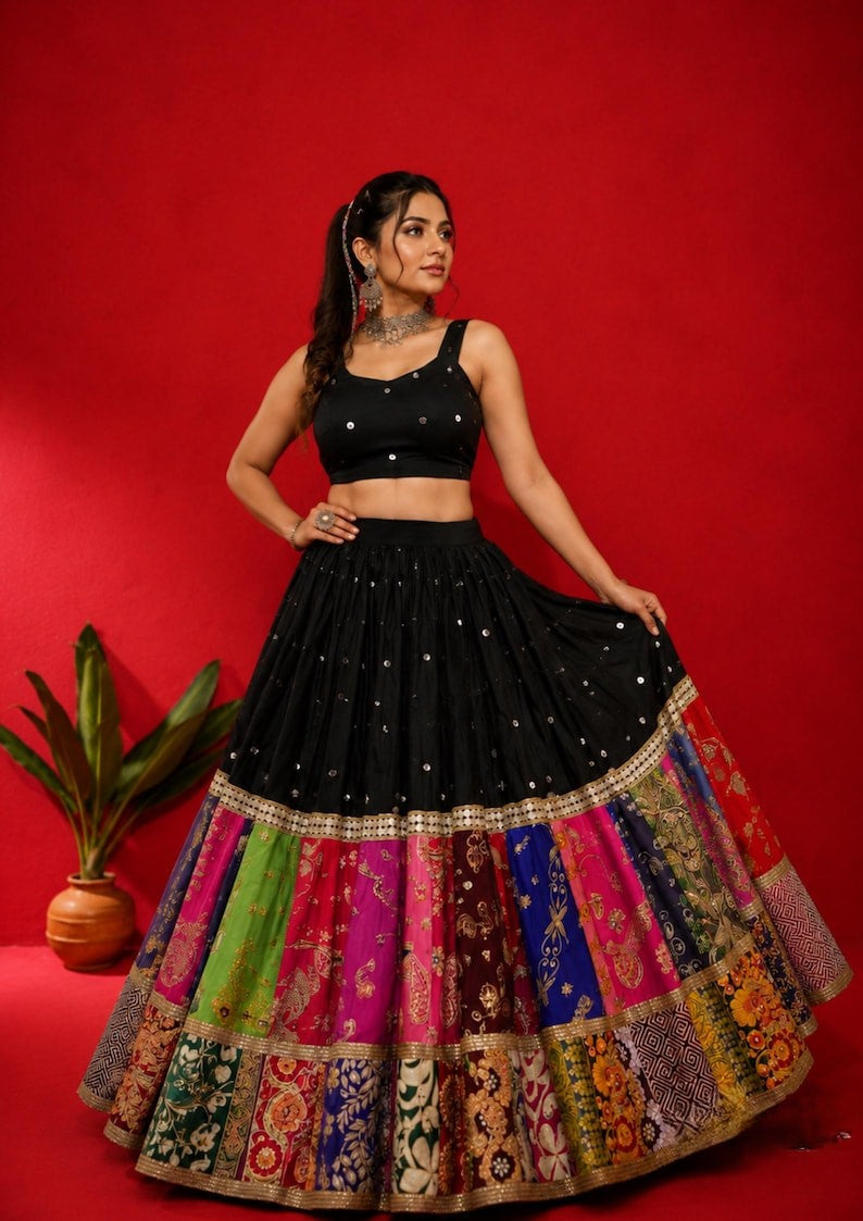Raasrani Muslin Cotton Digital Print & Mirror Work Lehenga Choli with Koti Jacket