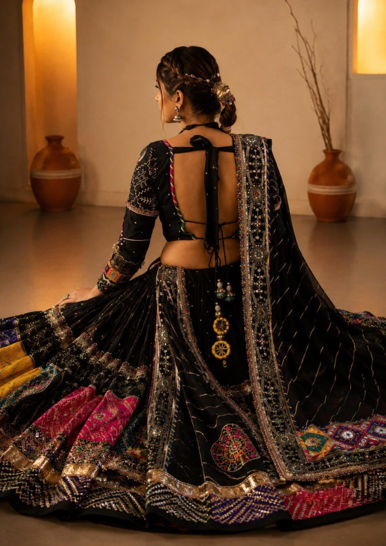 Kaali Raas Mirror Work & Kodi Lace Chaniya Choli in Muslin Cotton