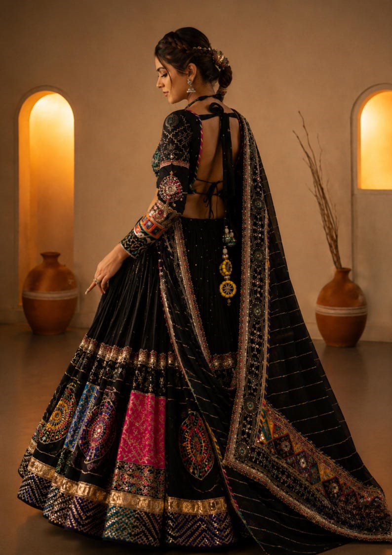 Kaali Raas Mirror Work & Kodi Lace Chaniya Choli in Muslin Cotton