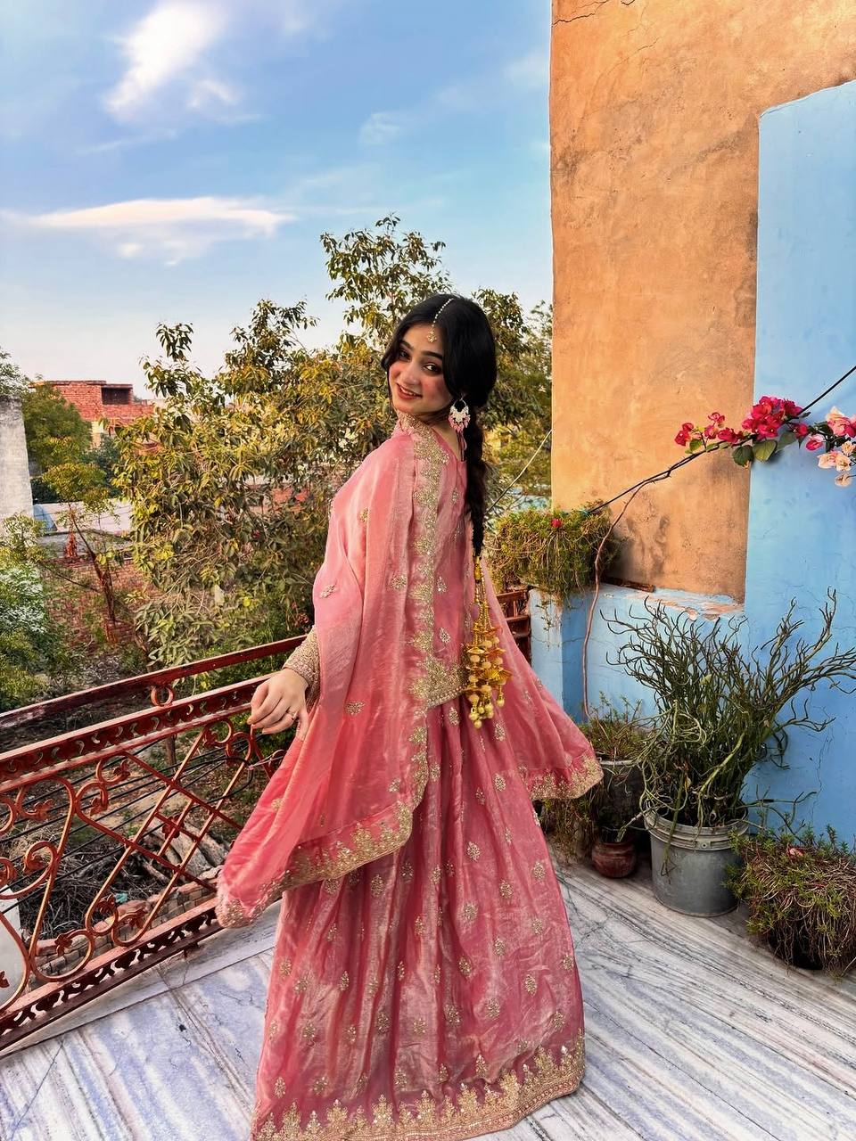 Designer Two Tone Silk Lehenga Set with Rich Sequins Detailing