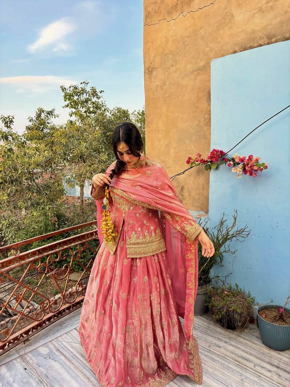 Designer Two Tone Silk Lehenga Set with Rich Sequins Detailing