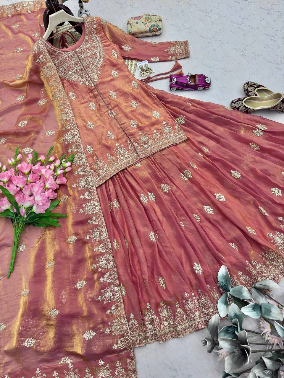 Designer Two Tone Silk Lehenga Set with Rich Sequins Detailing