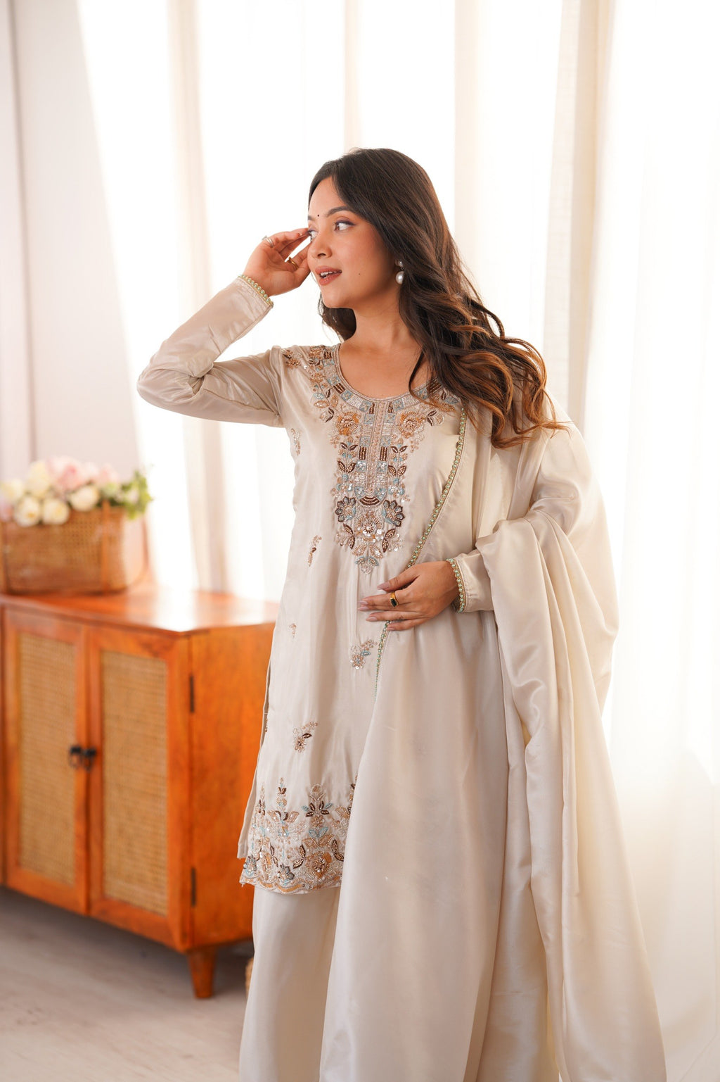 Zelvaira Designer H.O. Silk Heavy Beads, Sequins & Thread Embroidered Suit with Dupatta