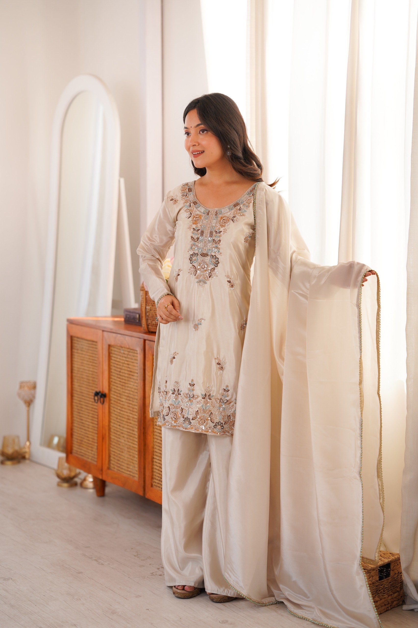 Zelvaira Designer H.O. Silk Heavy Beads, Sequins & Thread Embroidered Suit with Dupatta
